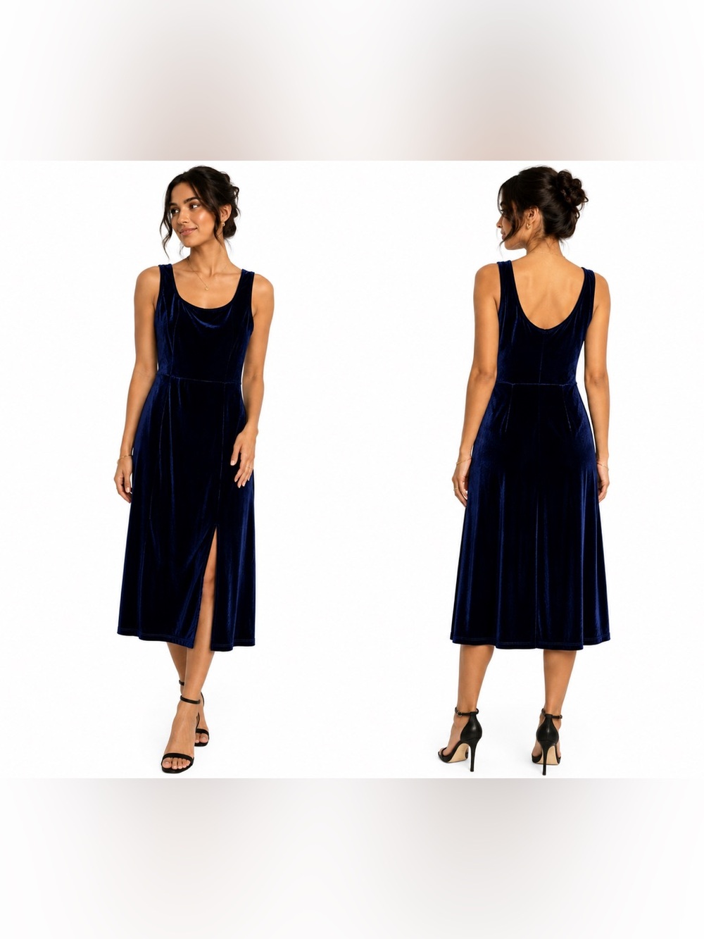 Velvet Scoop-Neck Midi Dress with Side Slit in Deep Blue
